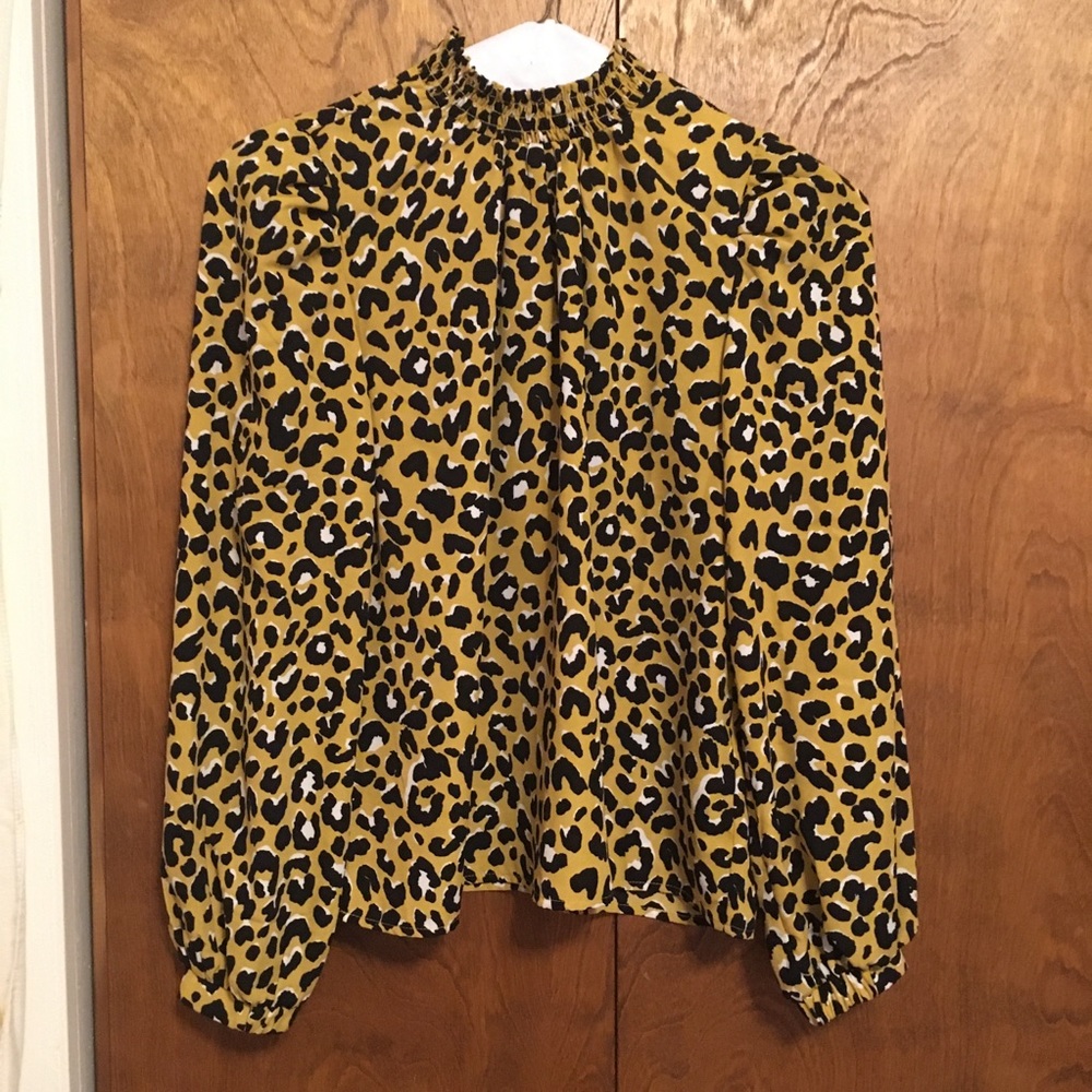 Leopard print crepe chiffon yellow long sleeve blouse ruffle turtleneck Melloday